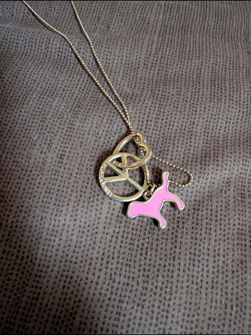 PINK Victoria's Secret Gold Tone Necklace with Pink Dog Charm & Heart Pendant